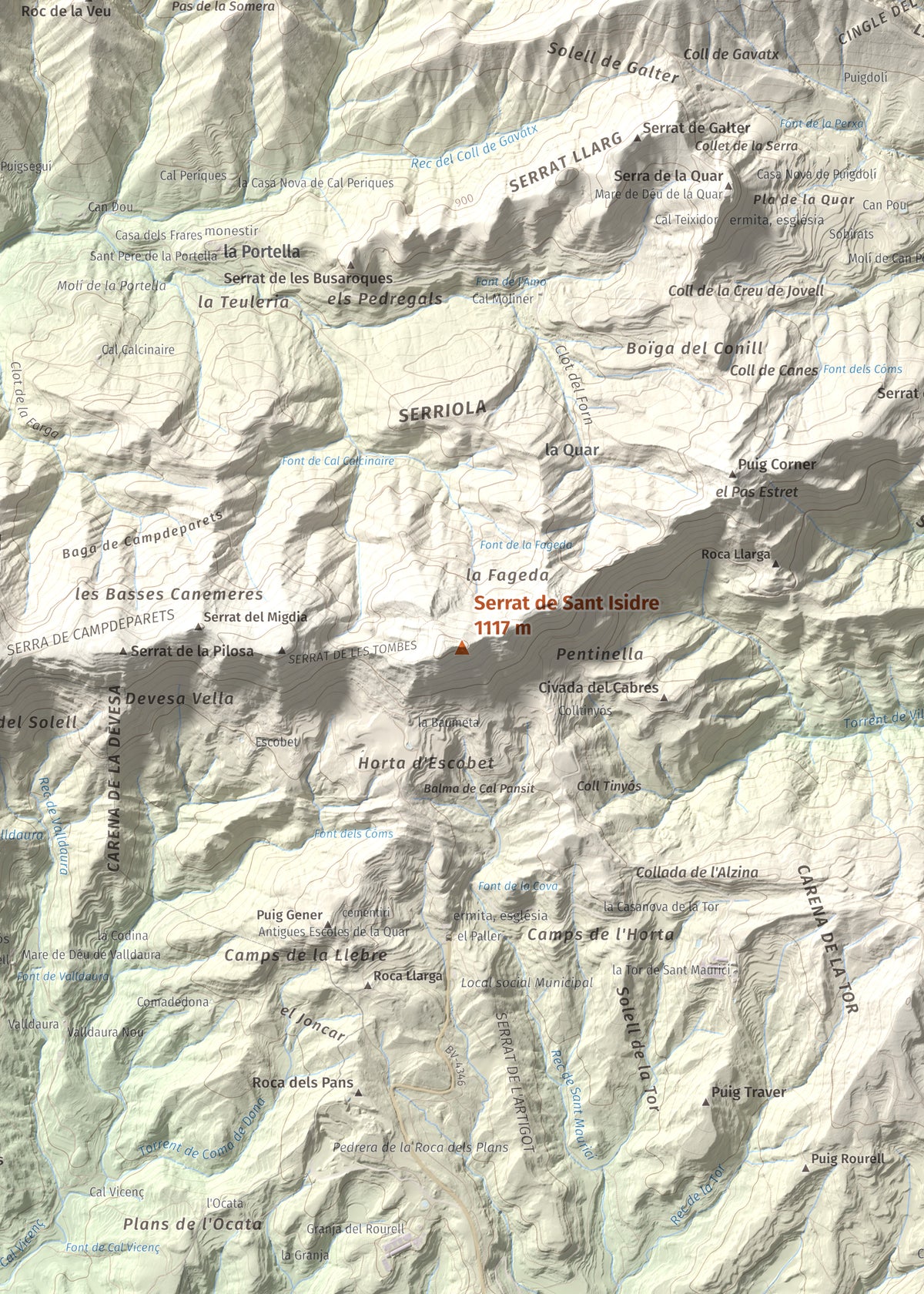 Mapa de relieve de Serrat de Sant Isidre, 1117 m, Berguedà, lámina 100 Cims de Trobart. Detalle de la zona central. 50 × 70 cm.