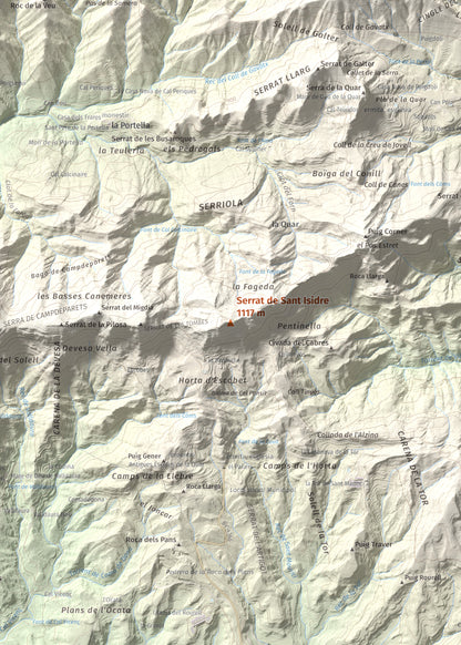Mapa de relieve de Serrat de Sant Isidre, 1117 m, Berguedà, lámina 100 Cims de Trobart. Detalle de la zona central. 50 × 70 cm.