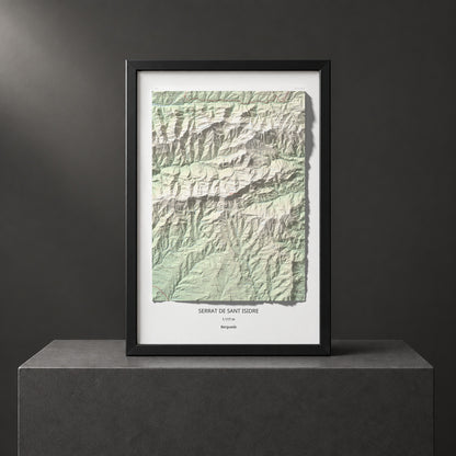 Mapa de relieve de Serrat de Sant Isidre, 1117 m, Berguedà, lámina 100 Cims de Trobart. Presentación enmarcada. 61 × 91 cm.