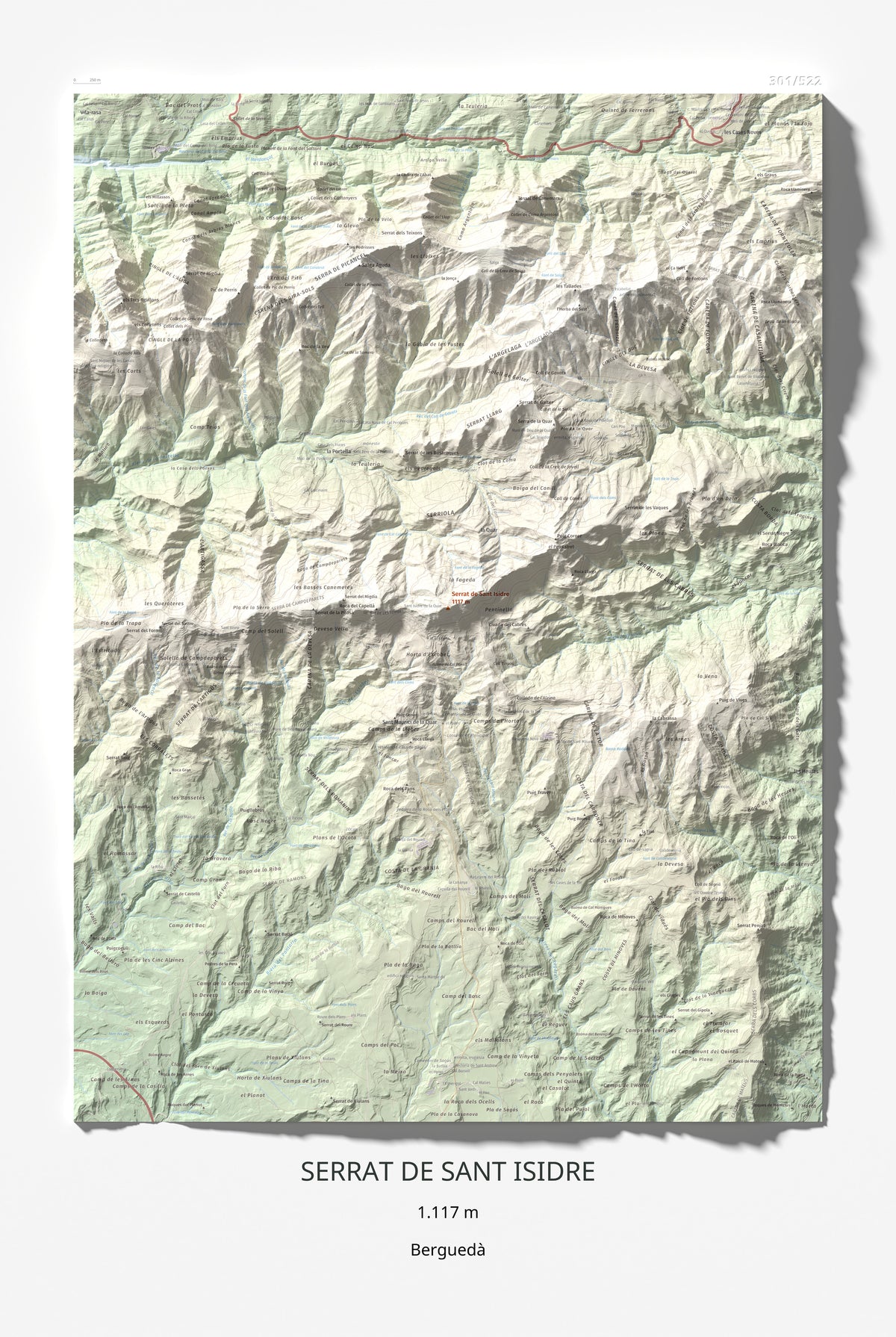 Mapa de relieve de Serrat de Sant Isidre, 1117 m, Berguedà, lámina 100 Cims de Trobart 61 × 91 cm.