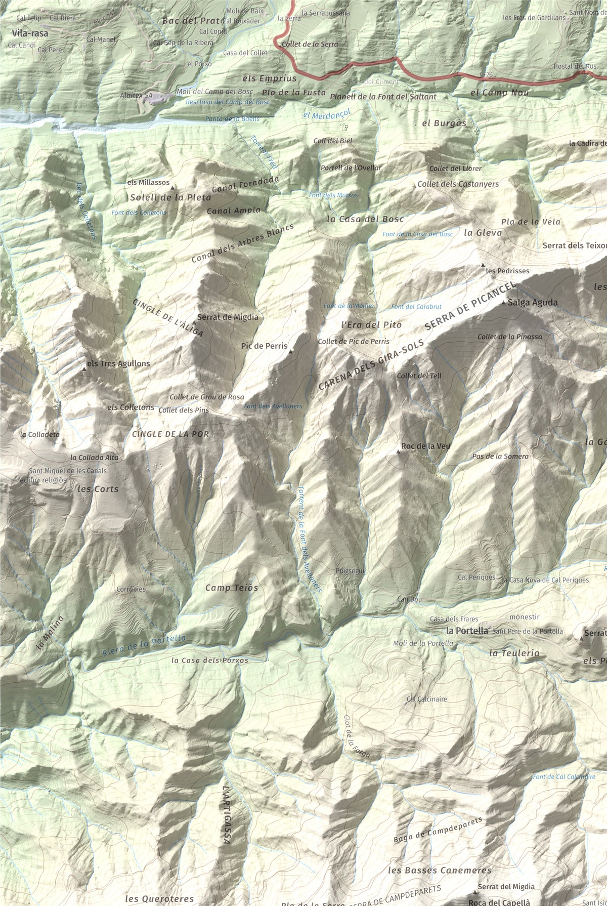 Mapa de relieve de Serrat de Sant Isidre, 1117 m, Berguedà, lámina 100 Cims de Trobart. Detalle de la zona superior izquierda. 61 × 91 cm.