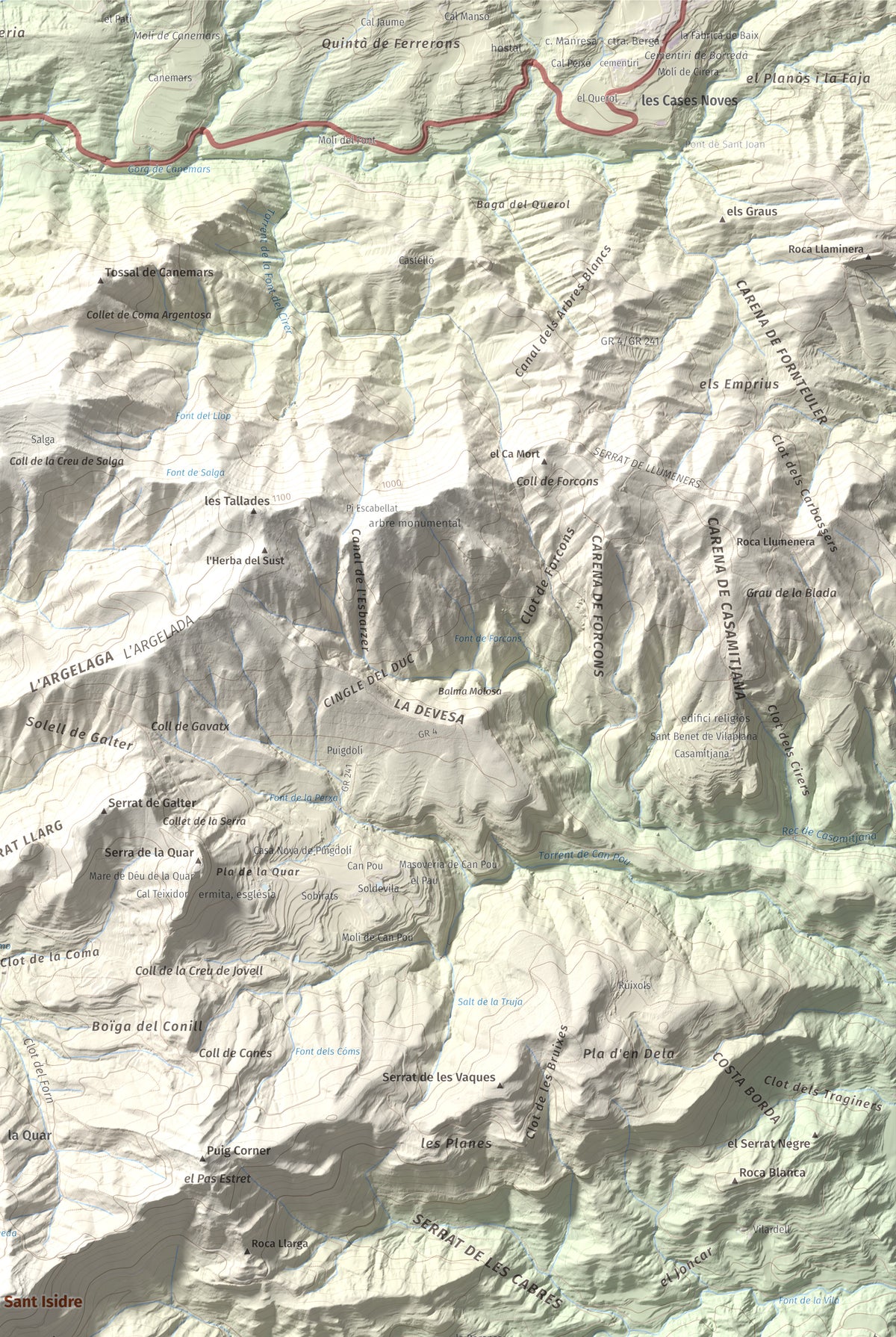 Mapa de relieve de Serrat de Sant Isidre, 1117 m, Berguedà, lámina 100 Cims de Trobart. Detalle de la zona superior derecha. 61 × 91 cm.