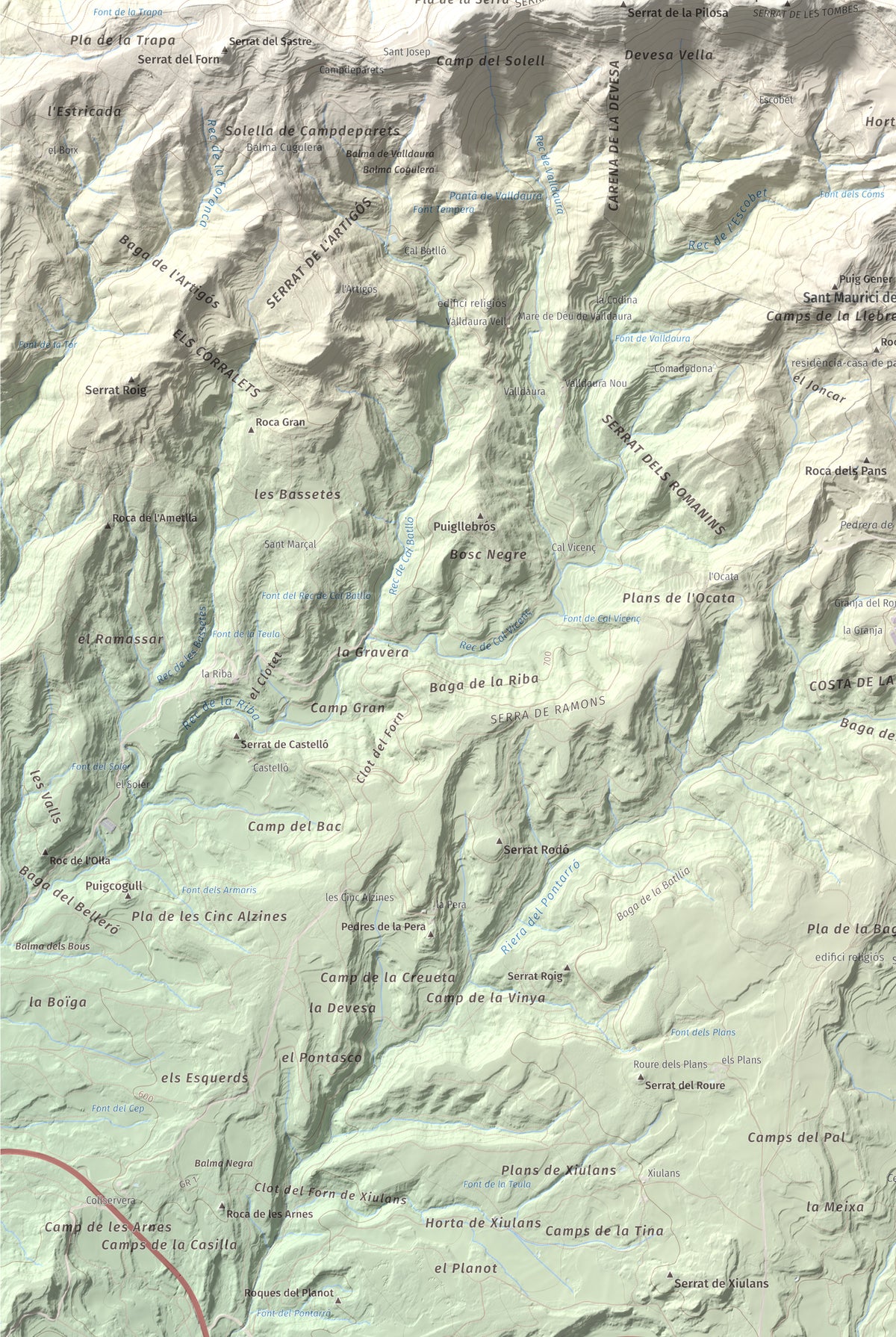 Mapa de relieve de Serrat de Sant Isidre, 1117 m, Berguedà, lámina 100 Cims de Trobart. Detalle de la zona inferior izquierda. 61 × 91 cm.