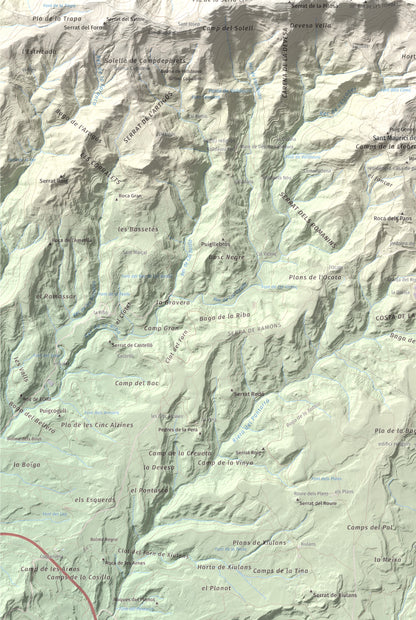 Mapa de relieve de Serrat de Sant Isidre, 1117 m, Berguedà, lámina 100 Cims de Trobart. Detalle de la zona inferior izquierda. 61 × 91 cm.