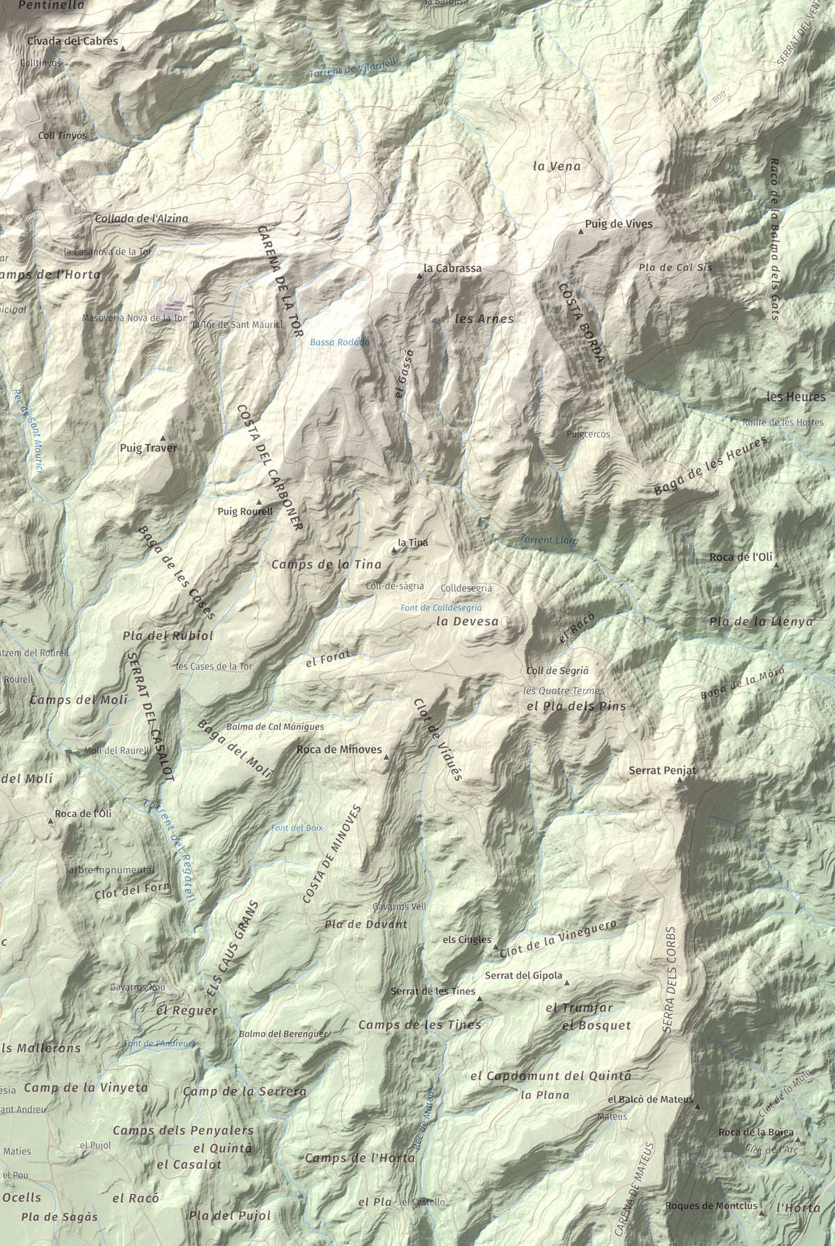 Mapa de relieve de Serrat de Sant Isidre, 1117 m, Berguedà, lámina 100 Cims de Trobart. Detalle de la zona inferior derecha. 61 × 91 cm.