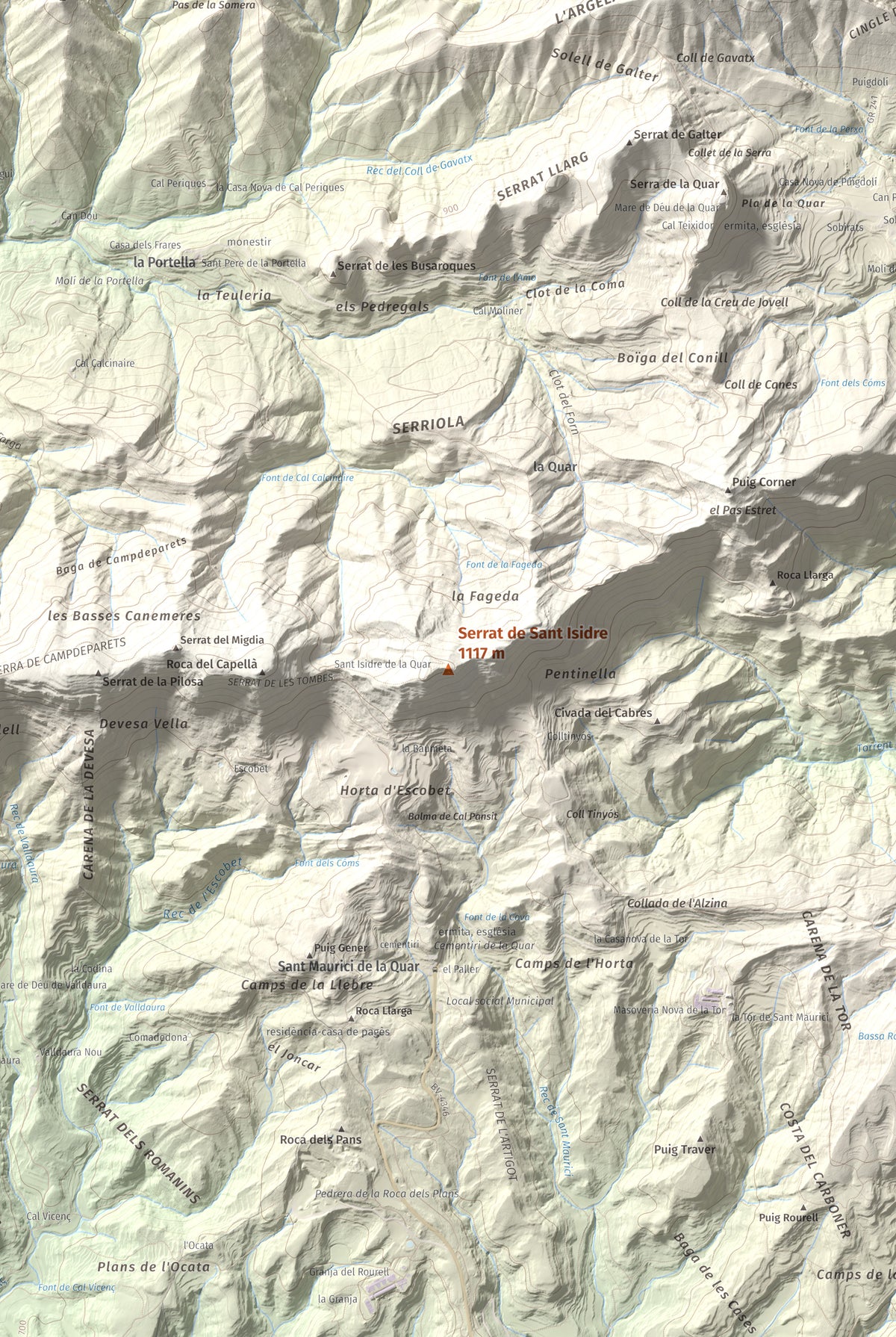 Mapa de relieve de Serrat de Sant Isidre, 1117 m, Berguedà, lámina 100 Cims de Trobart. Detalle de la zona central. 61 × 91 cm.