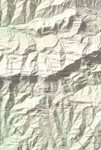 Mapa de relieve de Serrat de Sant Isidre, 1117 m, Berguedà, lámina 100 Cims de Trobart. Detalle de la zona central. 61 × 91 cm.