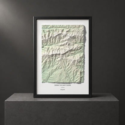 Mapa de relieve de Serrat de Sant Isidre, 1117 m, Berguedà, lámina 100 Cims de Trobart. Presentación enmarcada. 70 × 100 cm.