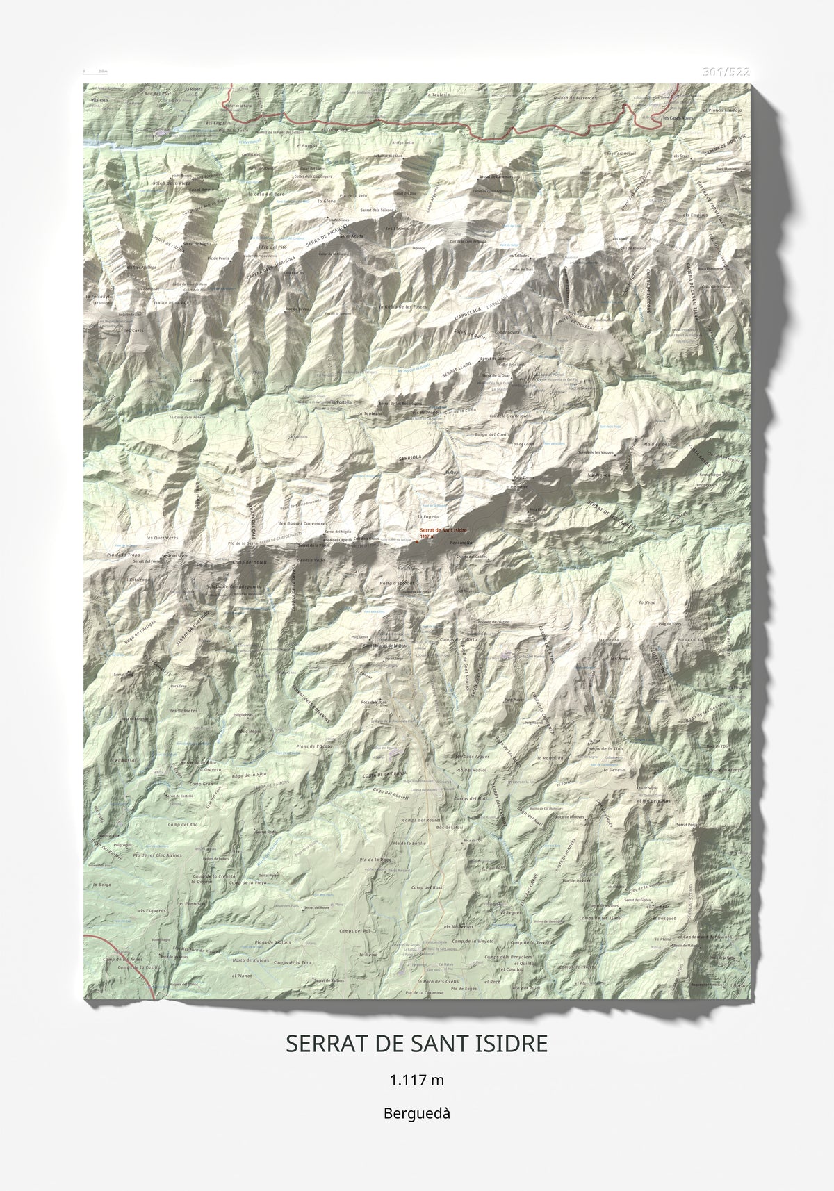 Mapa de relieve de Serrat de Sant Isidre, 1117 m, Berguedà, lámina 100 Cims de Trobart 70 × 100 cm.