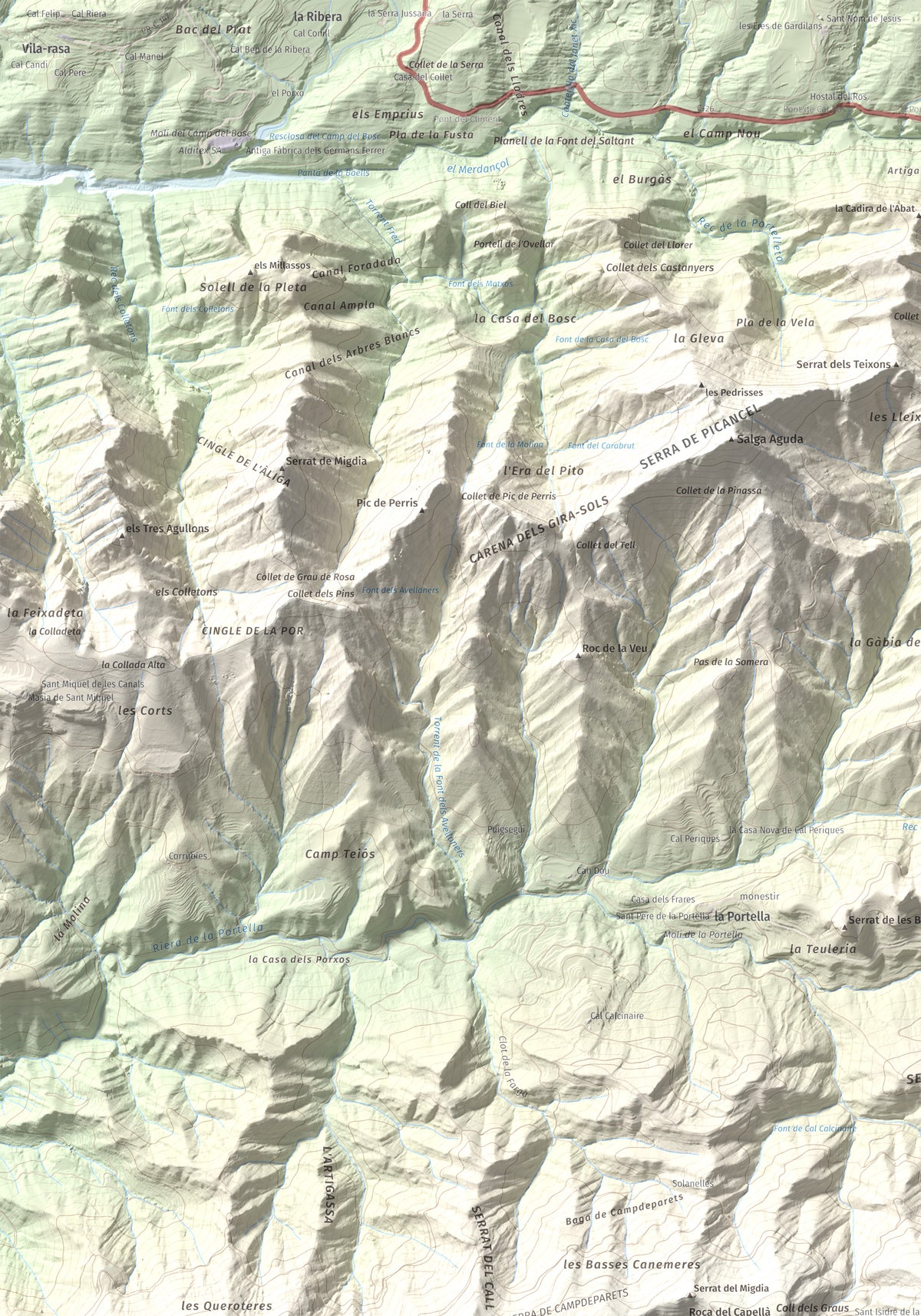 Mapa de relieve de Serrat de Sant Isidre, 1117 m, Berguedà, lámina 100 Cims de Trobart. Detalle de la zona superior izquierda. 70 × 100 cm.