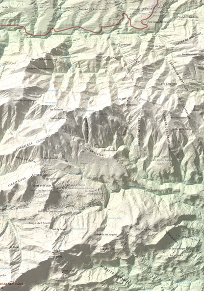 Mapa de relieve de Serrat de Sant Isidre, 1117 m, Berguedà, lámina 100 Cims de Trobart. Detalle de la zona superior derecha. 70 × 100 cm.