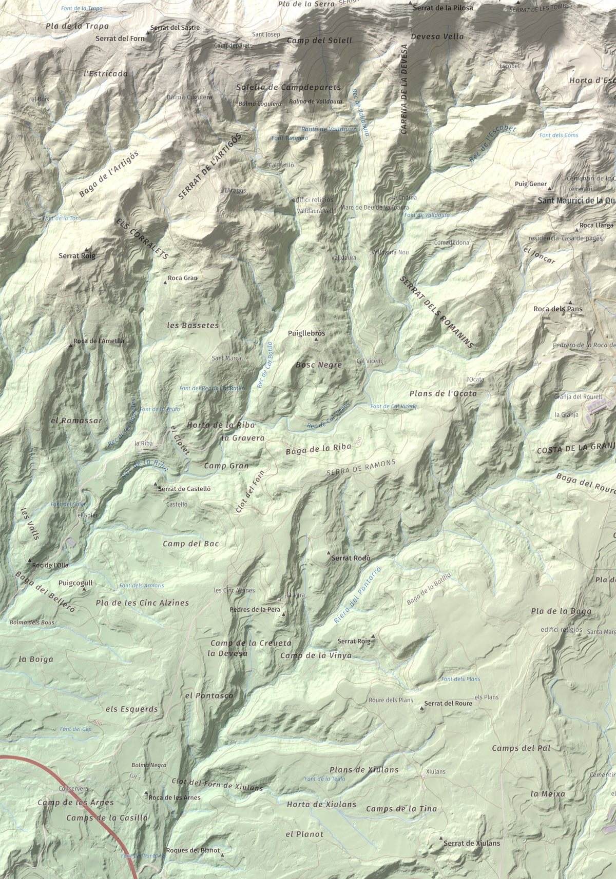 Mapa de relieve de Serrat de Sant Isidre, 1117 m, Berguedà, lámina 100 Cims de Trobart. Detalle de la zona inferior izquierda. 70 × 100 cm.