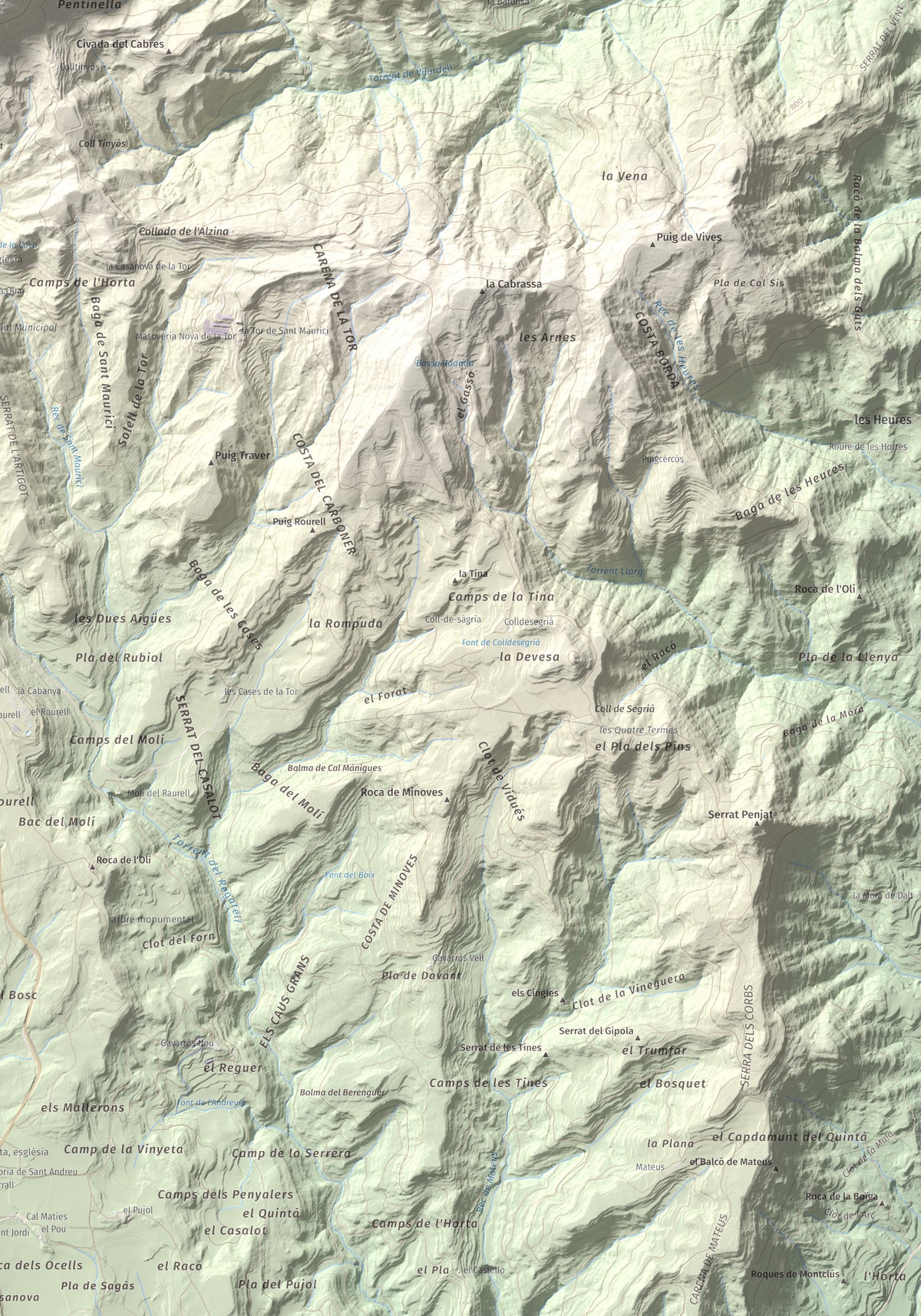 Mapa de relieve de Serrat de Sant Isidre, 1117 m, Berguedà, lámina 100 Cims de Trobart. Detalle de la zona inferior derecha. 70 × 100 cm.