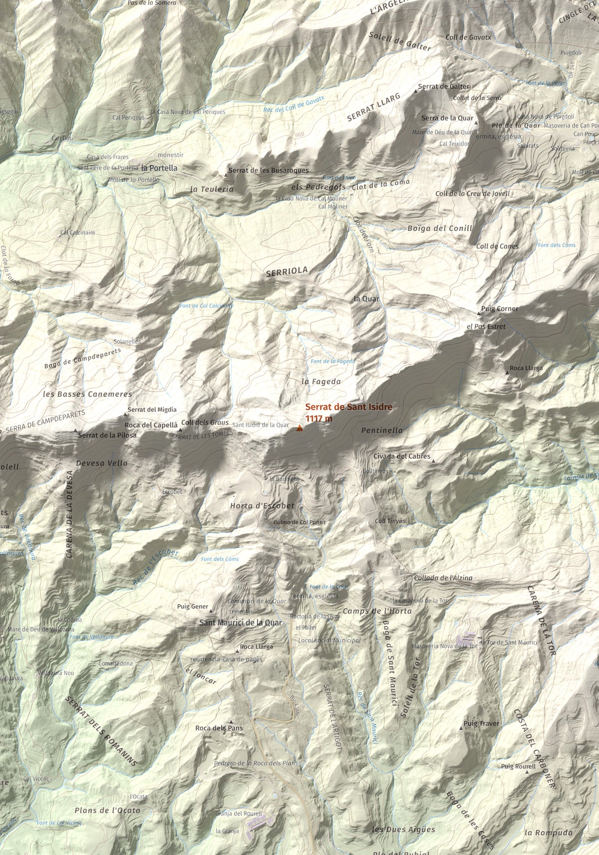 Mapa de relieve de Serrat de Sant Isidre, 1117 m, Berguedà, lámina 100 Cims de Trobart. Detalle de la zona central. 70 × 100 cm.