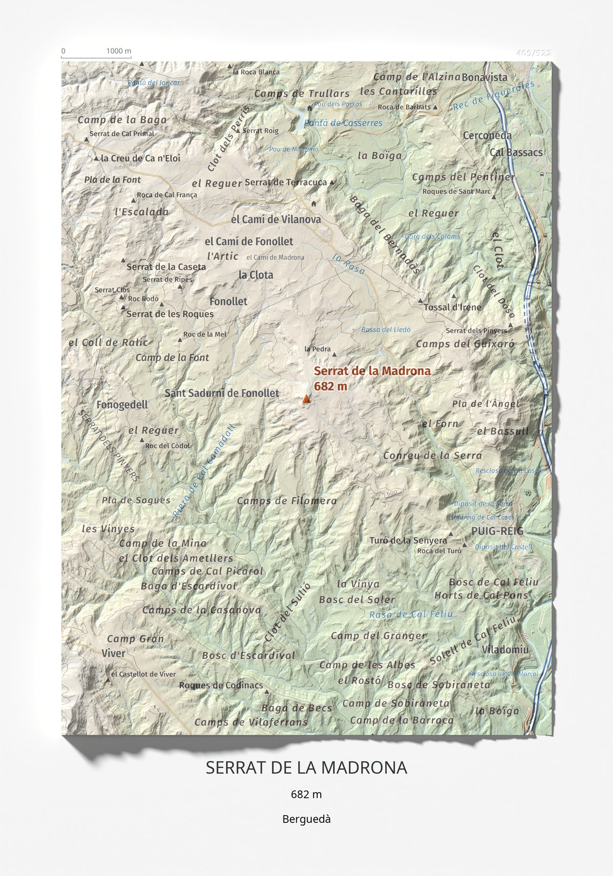 Mapa topográfico del relieve: Serrat de la Madrona, 682 m. Lámina completa. 21 × 30 cm.