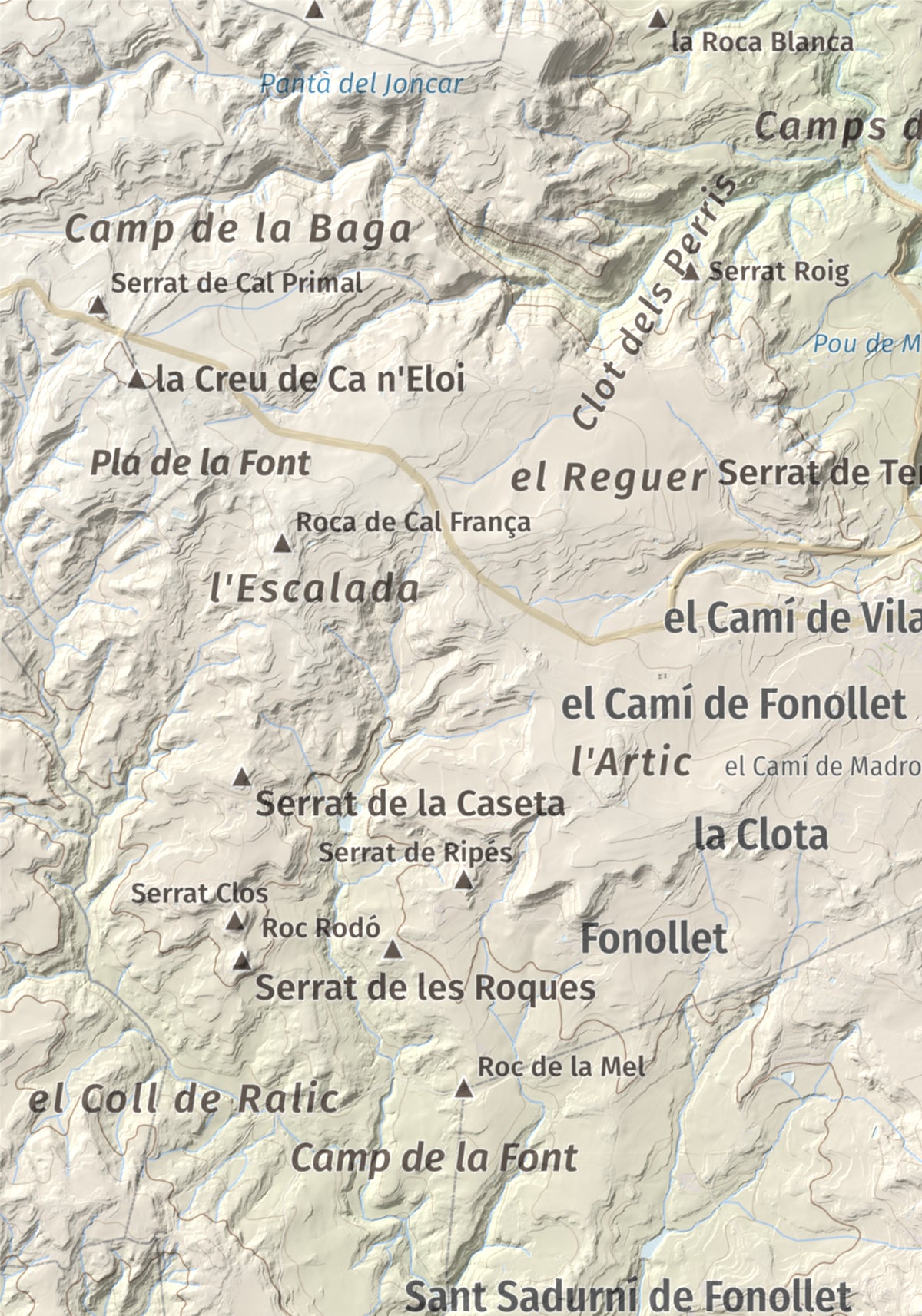 Mapa topográfico del relieve: Serrat de la Madrona, 682 m. Detalle de la zona superior izquierda. 21 × 30 cm.