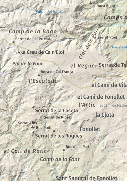 Mapa topográfico del relieve: Serrat de la Madrona, 682 m. Detalle de la zona superior izquierda. 21 × 30 cm.