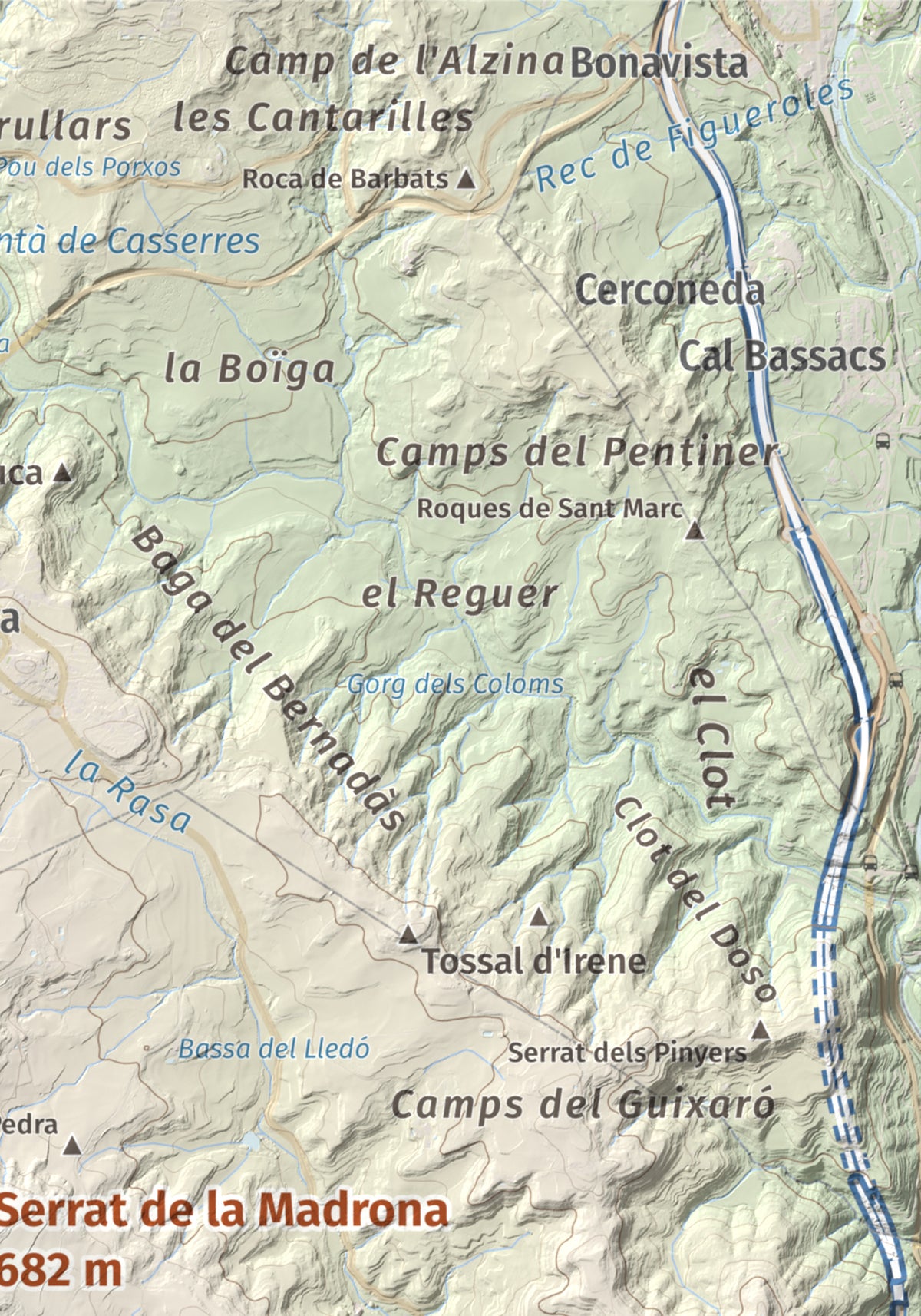 Mapa topográfico del relieve: Serrat de la Madrona, 682 m. Detalle de la zona superior derecha. 21 × 30 cm.