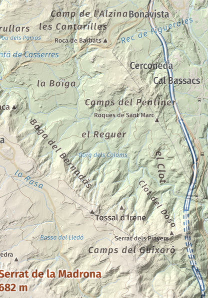 Mapa topográfico del relieve: Serrat de la Madrona, 682 m. Detalle de la zona superior derecha. 21 × 30 cm.