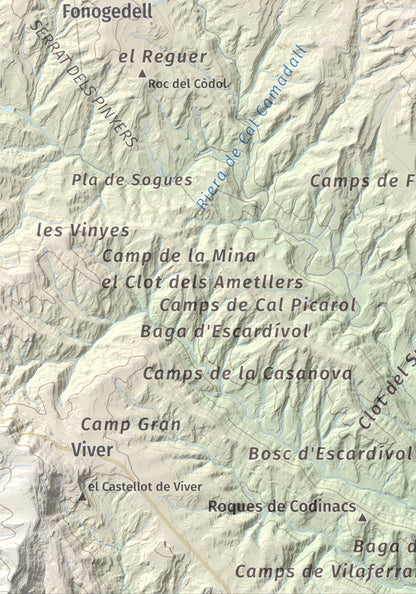 Mapa topográfico del relieve: Serrat de la Madrona, 682 m. Detalle de la zona inferior izquierda. 21 × 30 cm.