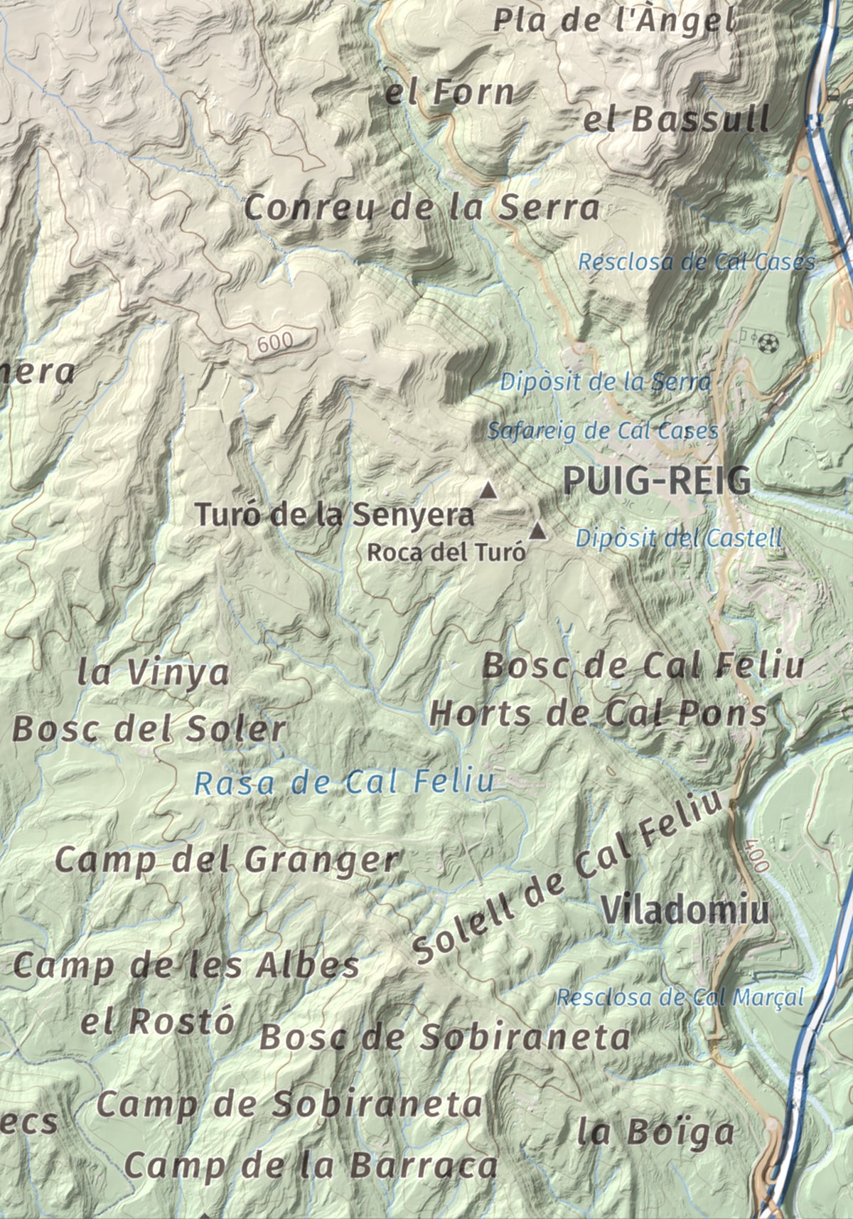 Mapa topográfico del relieve: Serrat de la Madrona, 682 m. Detalle de la zona inferior derecha. 21 × 30 cm.