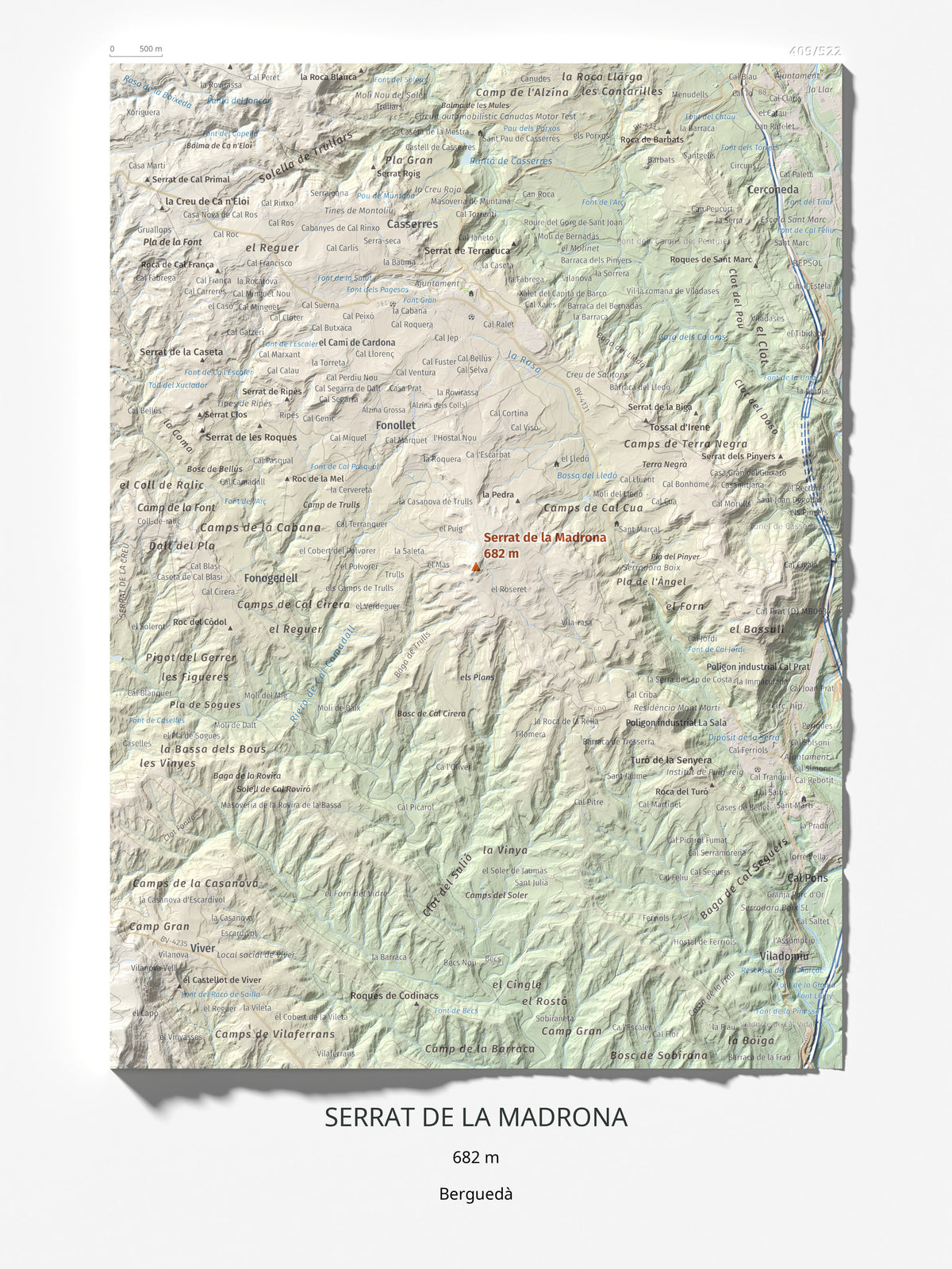 Mapa topográfico del relieve: Serrat de la Madrona, 682 m. Lámina completa. 30 × 40 cm.
