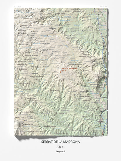 Mapa topográfico del relieve: Serrat de la Madrona, 682 m. Lámina completa. 30 × 40 cm.