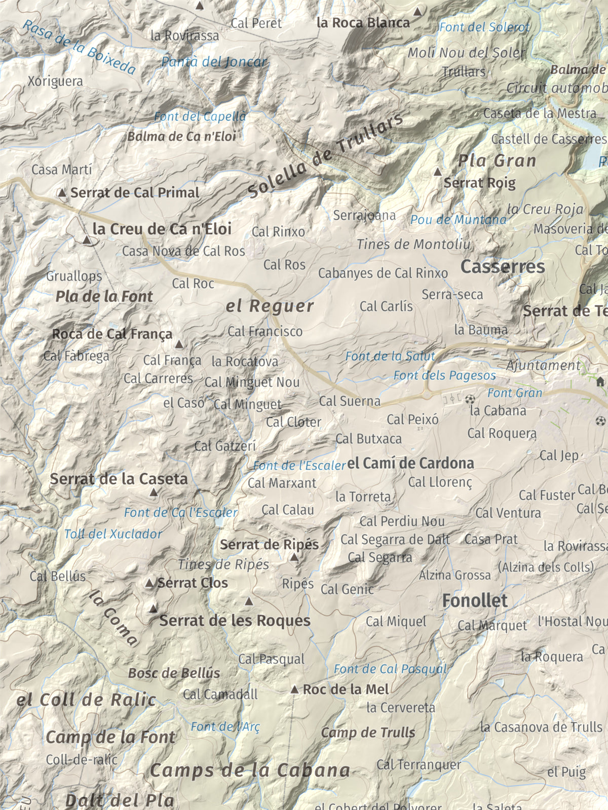 Mapa topográfico del relieve: Serrat de la Madrona, 682 m. Detalle de la zona superior izquierda. 30 × 40 cm.