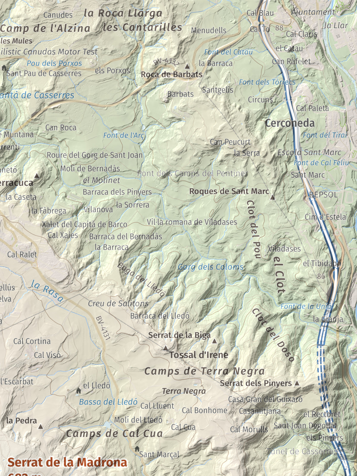 Mapa topográfico del relieve: Serrat de la Madrona, 682 m. Detalle de la zona superior derecha. 30 × 40 cm.