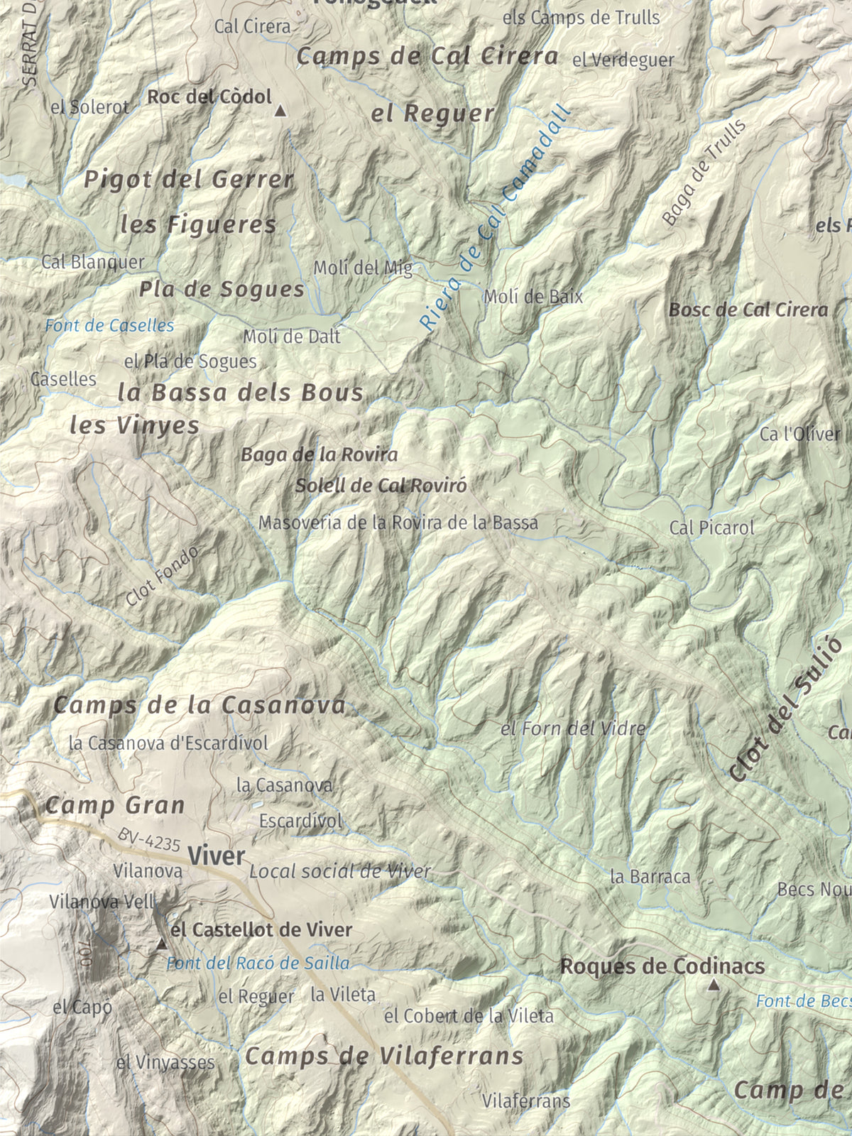 Mapa topográfico del relieve: Serrat de la Madrona, 682 m. Detalle de la zona inferior izquierda. 30 × 40 cm.