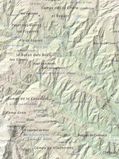 Mapa topográfico del relieve: Serrat de la Madrona, 682 m. Detalle de la zona inferior izquierda. 30 × 40 cm.