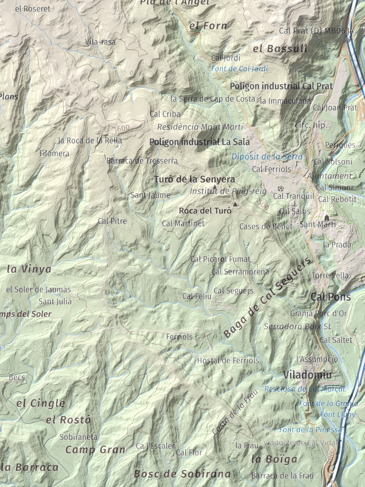 Mapa topográfico del relieve: Serrat de la Madrona, 682 m. Detalle de la zona inferior derecha. 30 × 40 cm.