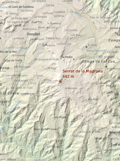 Mapa topográfico del relieve: Serrat de la Madrona, 682 m. Detalle de la zona central. 30 × 40 cm.
