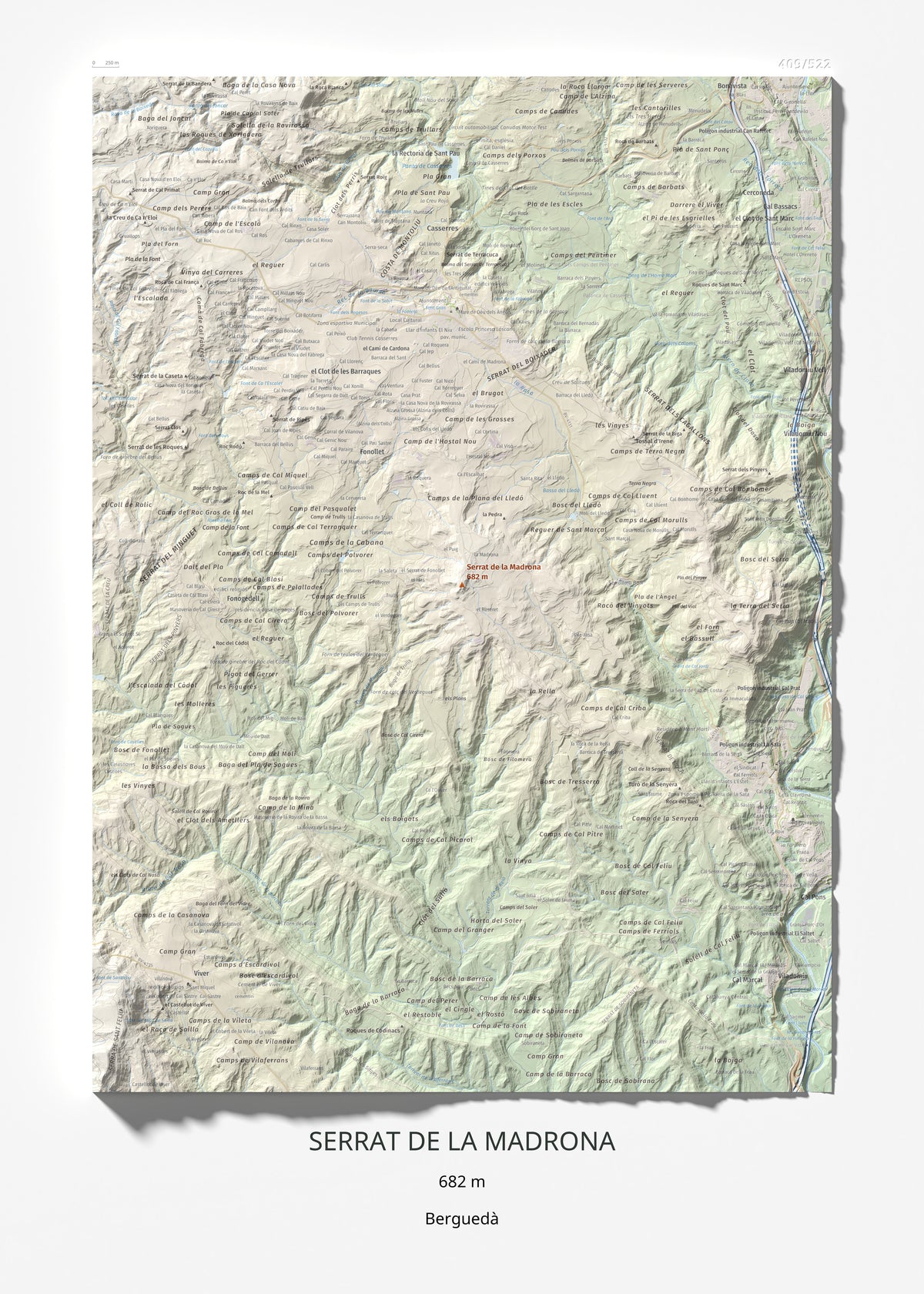 Mapa topográfico del relieve: Serrat de la Madrona, 682 m. Lámina completa. 50 × 70 cm.