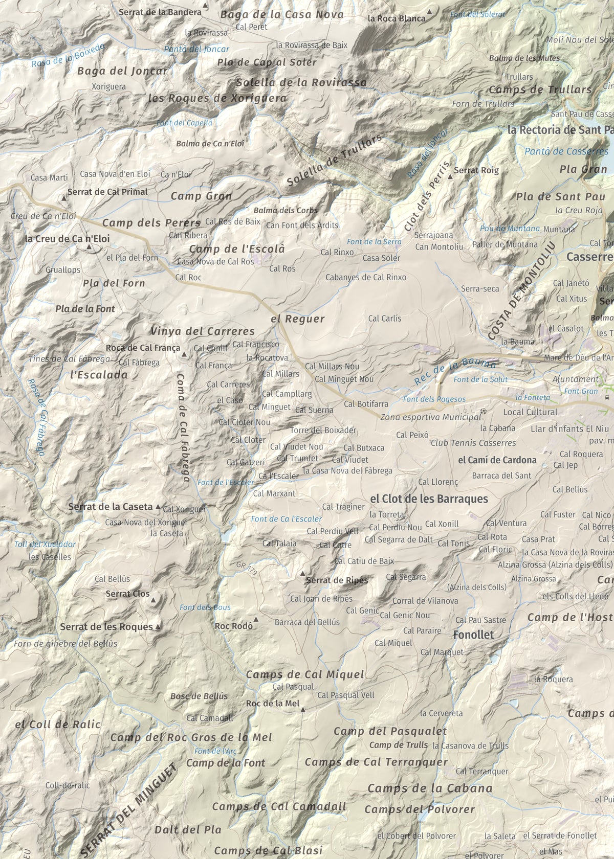 Mapa topográfico del relieve: Serrat de la Madrona, 682 m. Detalle de la zona superior izquierda. 50 × 70 cm.