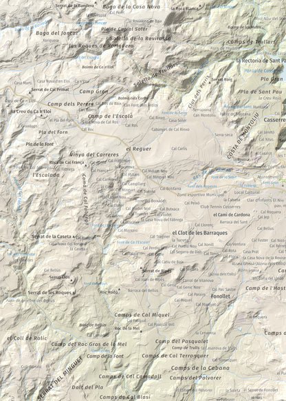 Mapa topográfico del relieve: Serrat de la Madrona, 682 m. Detalle de la zona superior izquierda. 50 × 70 cm.