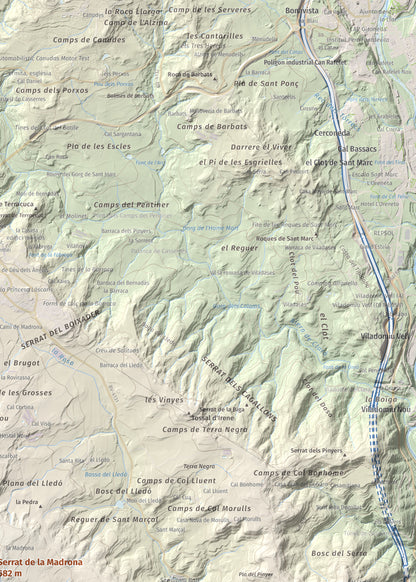 Mapa topográfico del relieve: Serrat de la Madrona, 682 m. Detalle de la zona superior derecha. 50 × 70 cm.