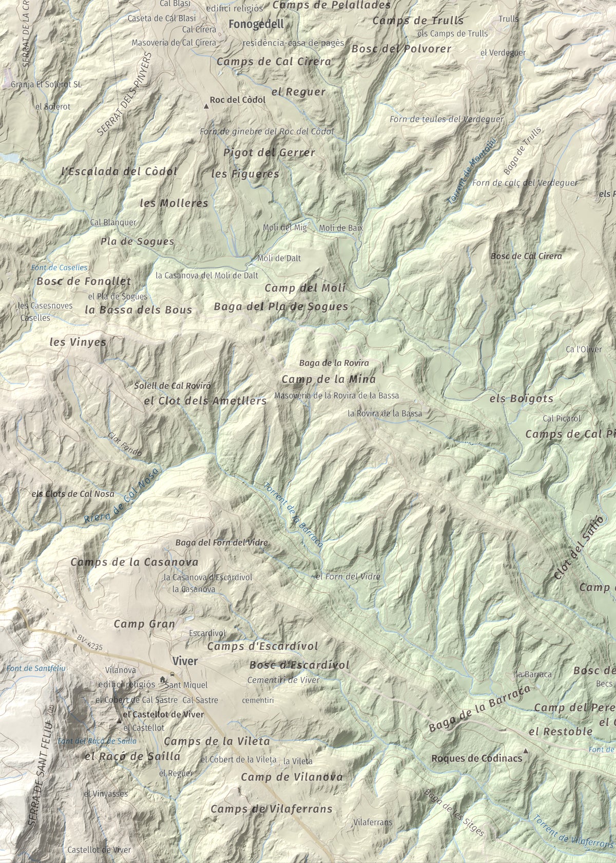 Mapa topográfico del relieve: Serrat de la Madrona, 682 m. Detalle de la zona inferior izquierda. 50 × 70 cm.