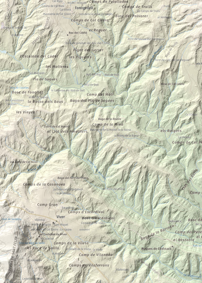Mapa topográfico del relieve: Serrat de la Madrona, 682 m. Detalle de la zona inferior izquierda. 50 × 70 cm.