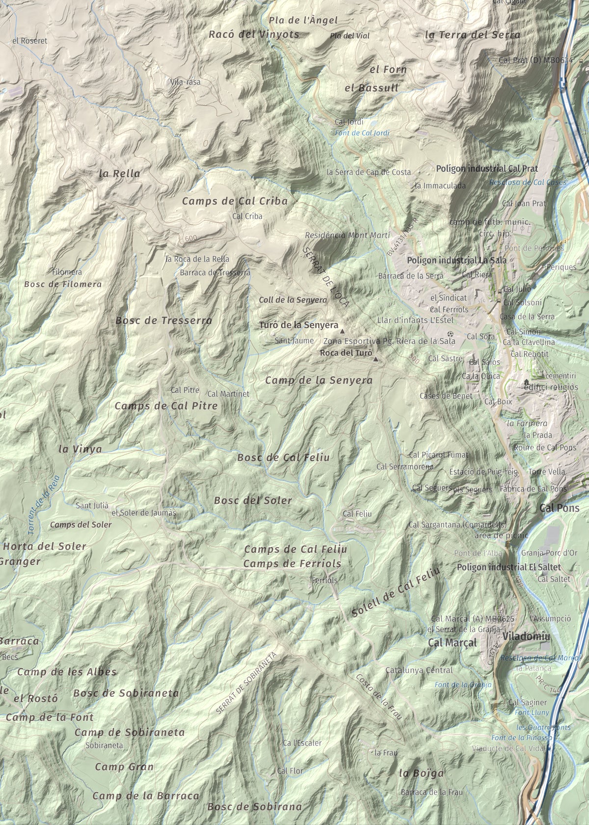 Mapa topográfico del relieve: Serrat de la Madrona, 682 m. Detalle de la zona inferior derecha. 50 × 70 cm.