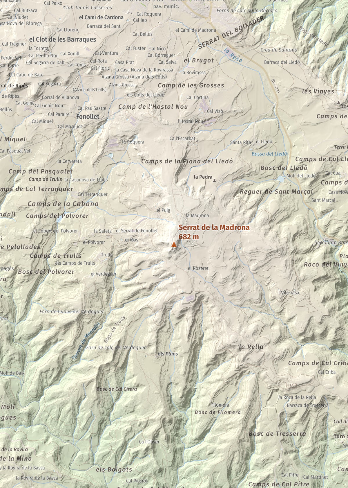 Mapa topográfico del relieve: Serrat de la Madrona, 682 m. Detalle de la zona central. 50 × 70 cm.