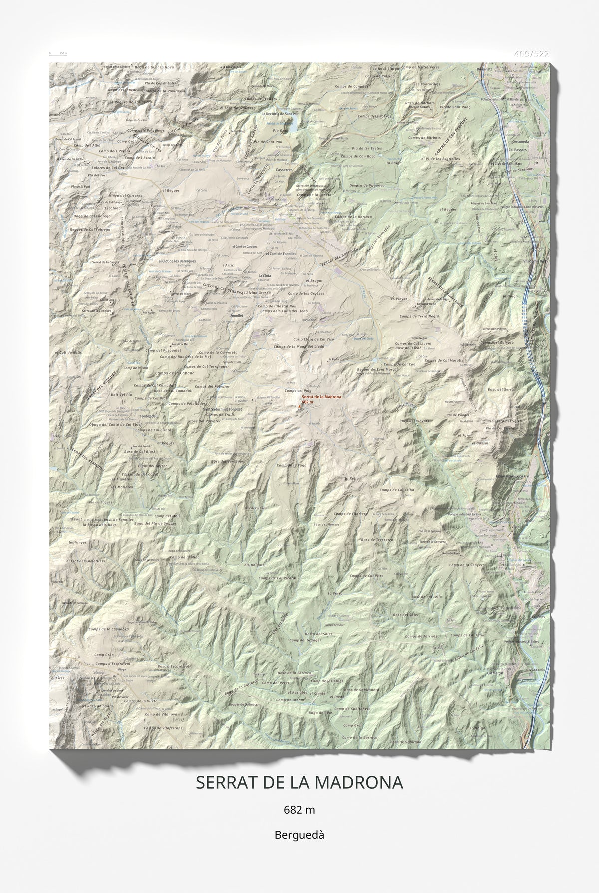Mapa topográfico del relieve: Serrat de la Madrona, 682 m. Lámina completa. 61 × 91 cm.