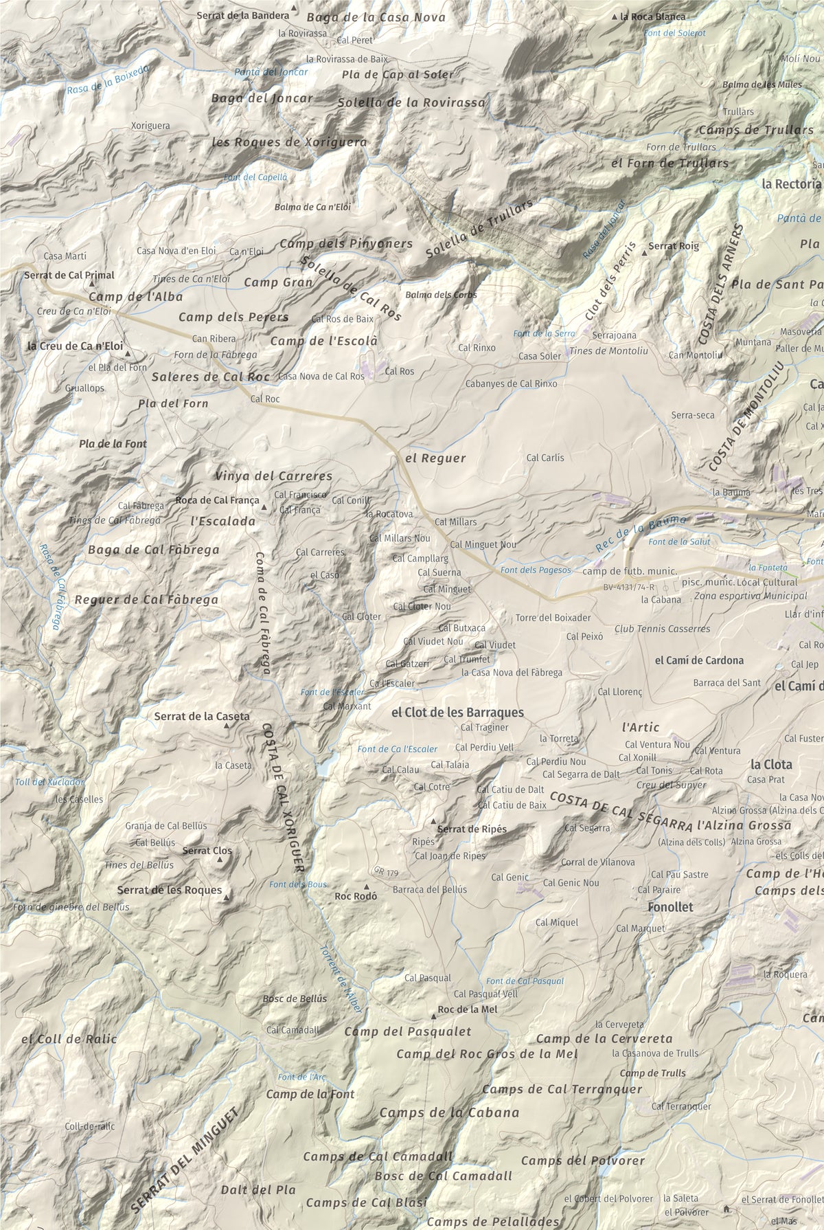 Mapa topográfico del relieve: Serrat de la Madrona, 682 m. Detalle de la zona superior izquierda. 61 × 91 cm.