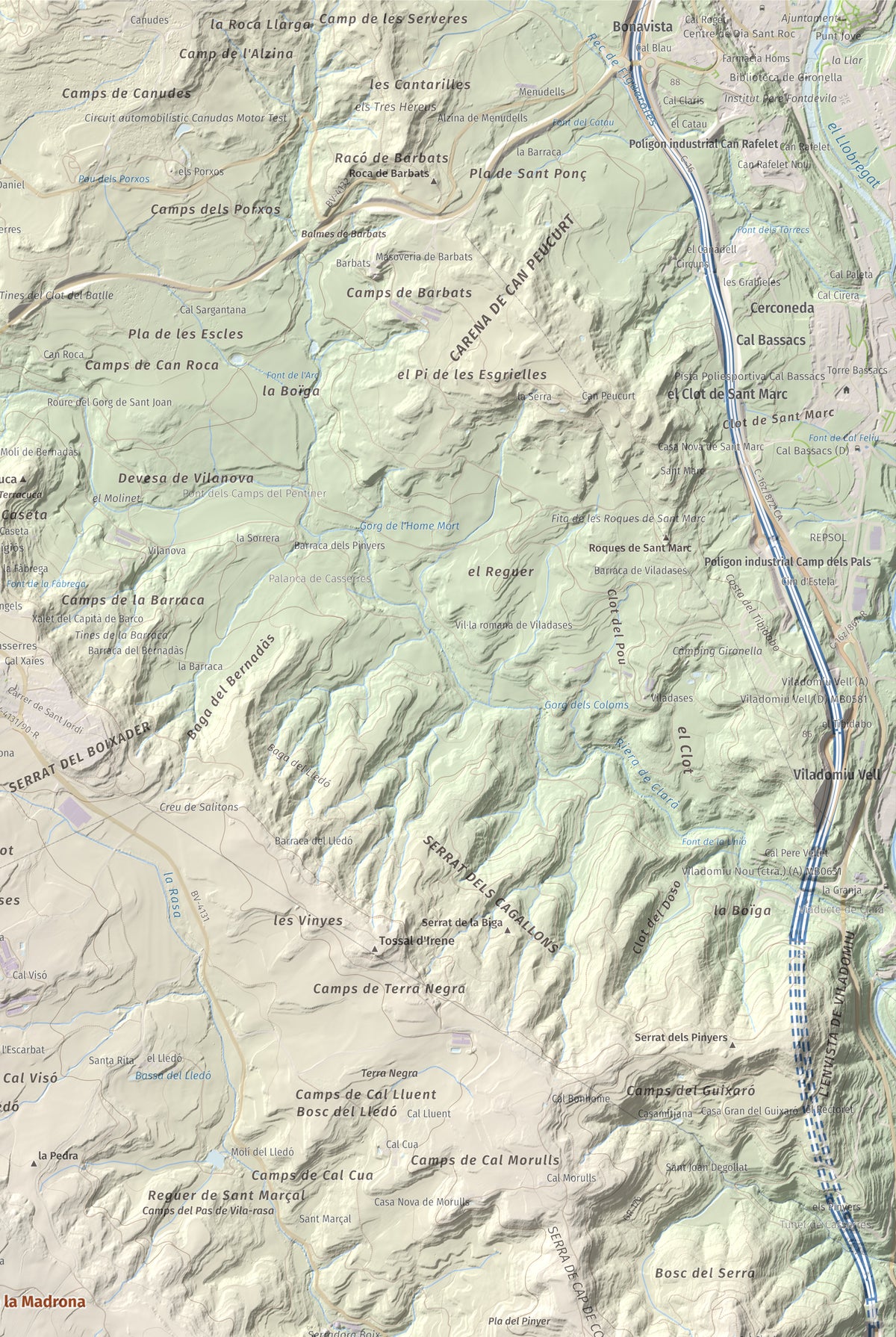 Mapa topográfico del relieve: Serrat de la Madrona, 682 m. Detalle de la zona superior derecha. 61 × 91 cm.
