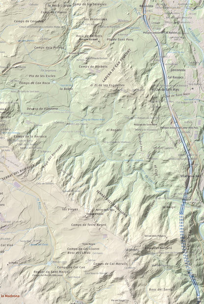 Mapa topográfico del relieve: Serrat de la Madrona, 682 m. Detalle de la zona superior derecha. 61 × 91 cm.