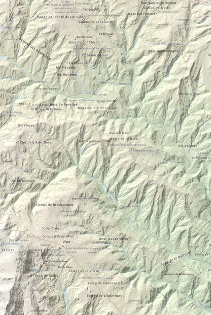 Mapa topográfico del relieve: Serrat de la Madrona, 682 m. Detalle de la zona inferior izquierda. 61 × 91 cm.