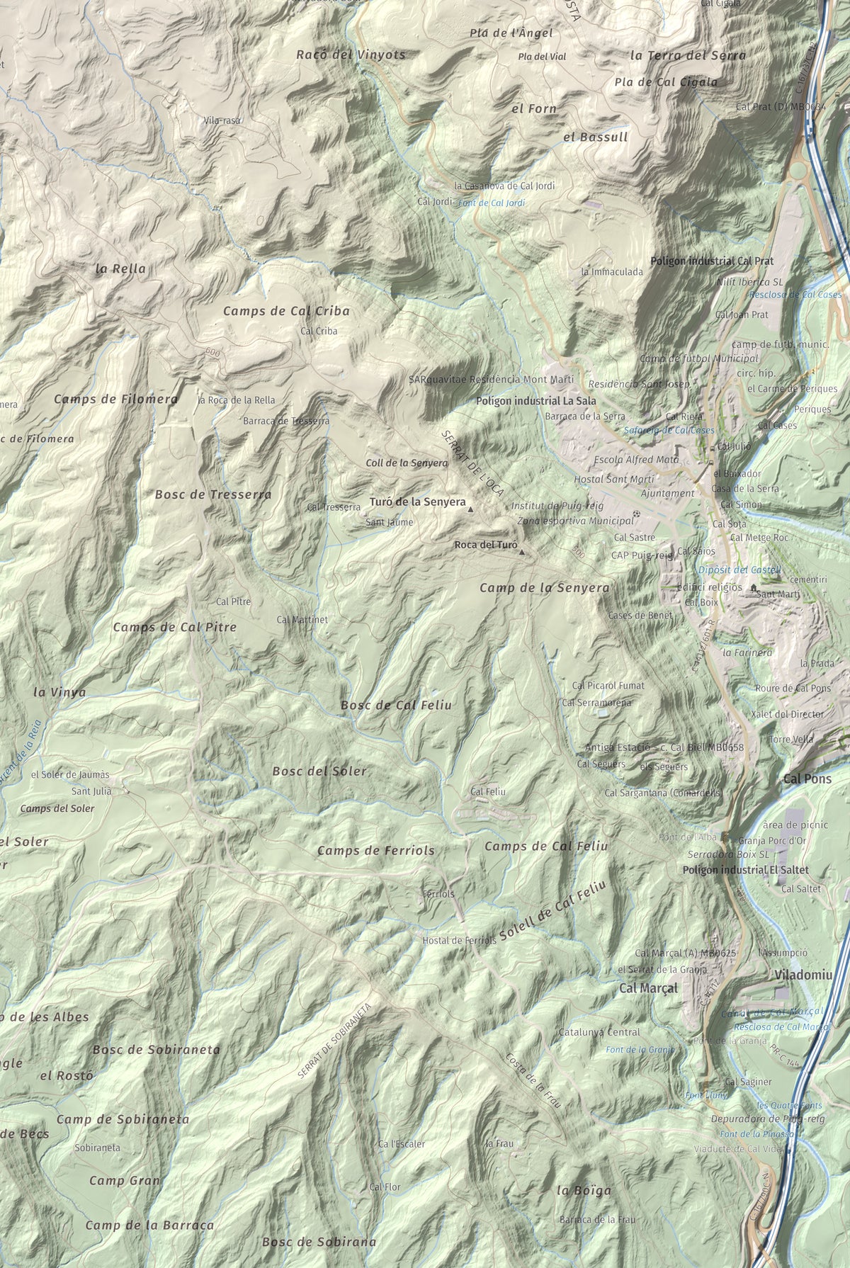 Mapa topográfico del relieve: Serrat de la Madrona, 682 m. Detalle de la zona inferior derecha. 61 × 91 cm.