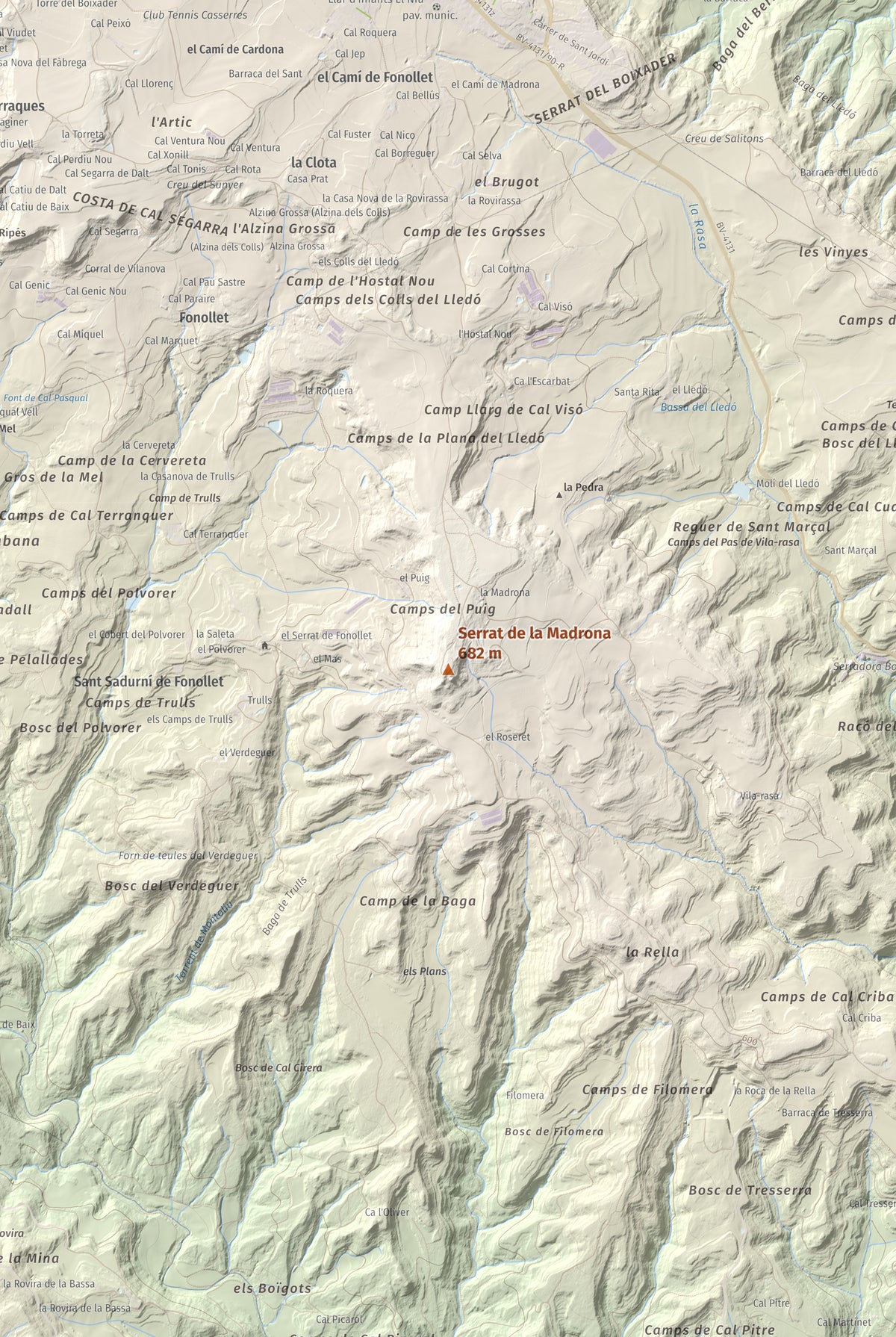 Mapa topográfico del relieve: Serrat de la Madrona, 682 m. Detalle de la zona central. 61 × 91 cm.