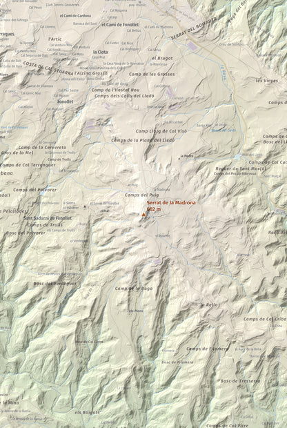 Mapa topográfico del relieve: Serrat de la Madrona, 682 m. Detalle de la zona central. 61 × 91 cm.
