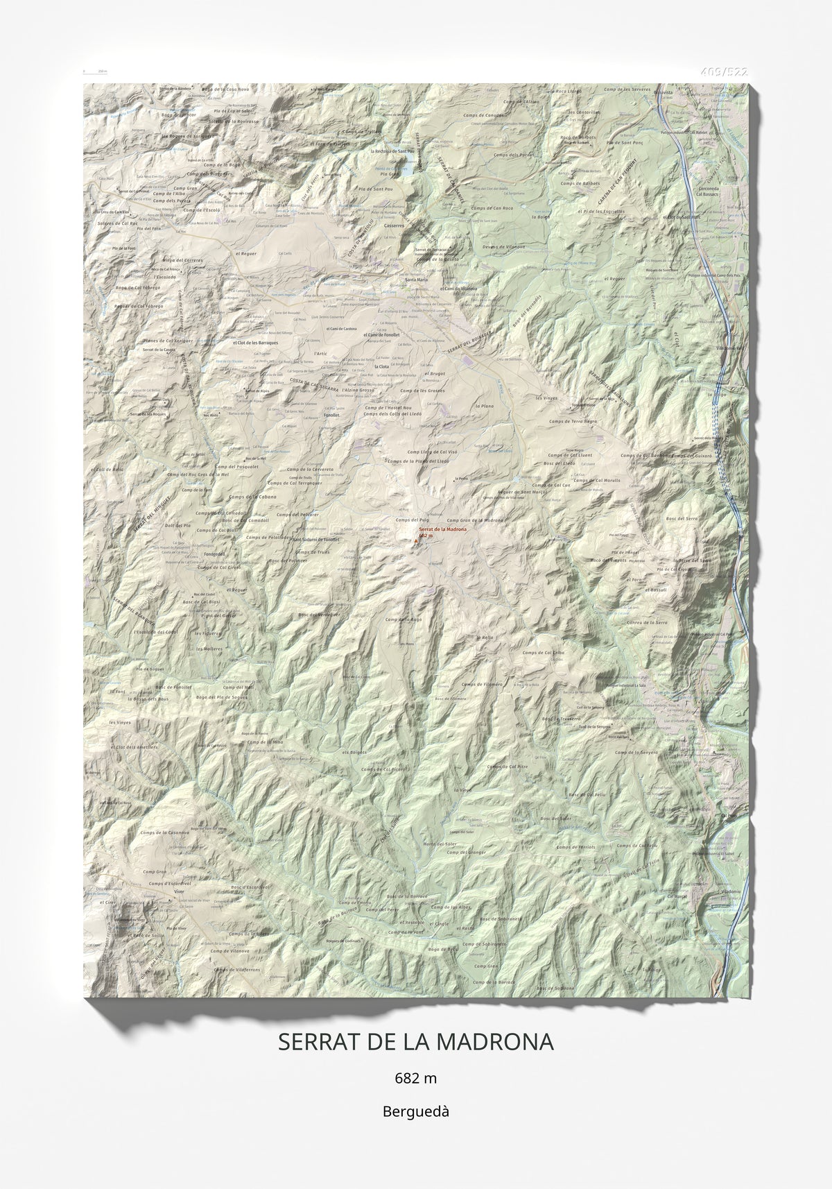 Mapa topográfico del relieve: Serrat de la Madrona, 682 m. Lámina completa. 70 × 100 cm.